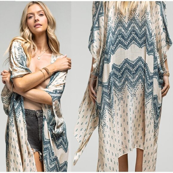 One by Onedder Other - Blue Chevron Boho Kimono w/ Intricate Design Details & a Silk Like Material